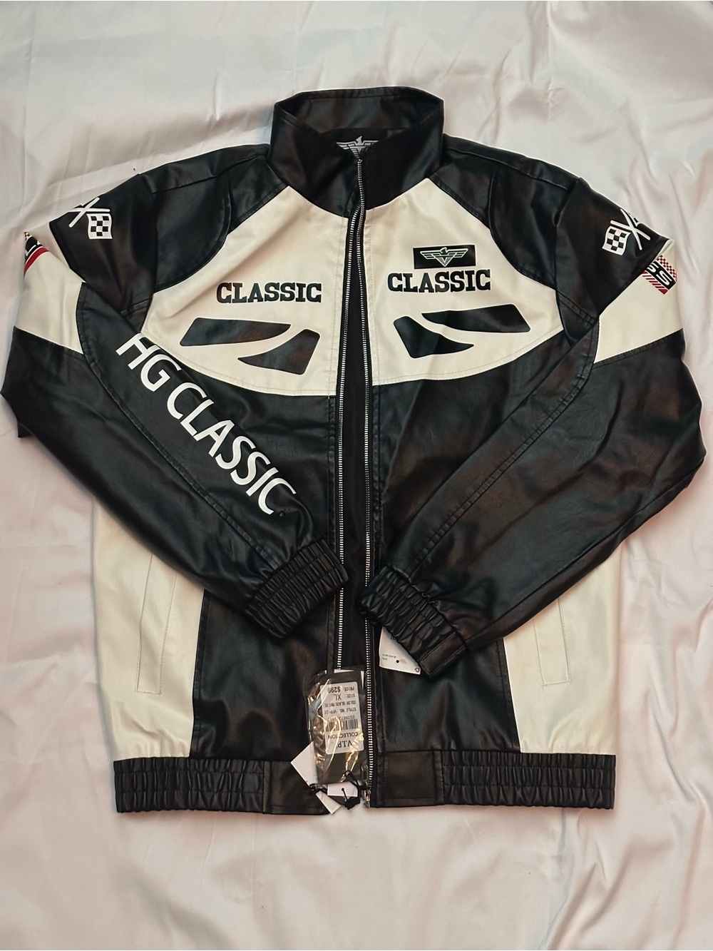 Classic Black & White Men's Racing-Style Bomber Jacket